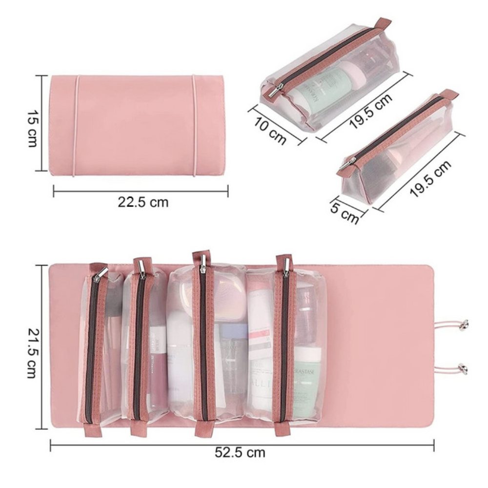 Geanta cosmetice Salestore.ro® cu 4 compartimente detasabile, tip organizator reglabil si portabil in calatorii, 22.5 x 15 cm, Poliester, Roz/Negru