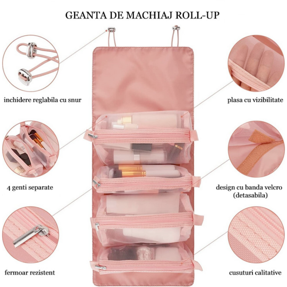 Geanta cosmetice Salestore.ro® cu 4 compartimente detasabile, tip organizator reglabil si portabil in calatorii, 22.5 x 15 cm, Poliester, Roz/Negru