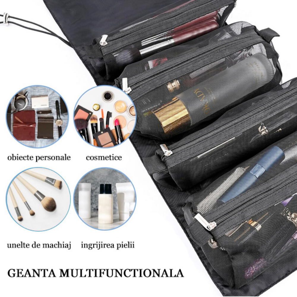 Geanta cosmetice Salestore.ro® cu 4 compartimente detasabile, tip organizator reglabil si portabil in calatorii, 22.5 x 15 cm, Poliester, Roz/Negru