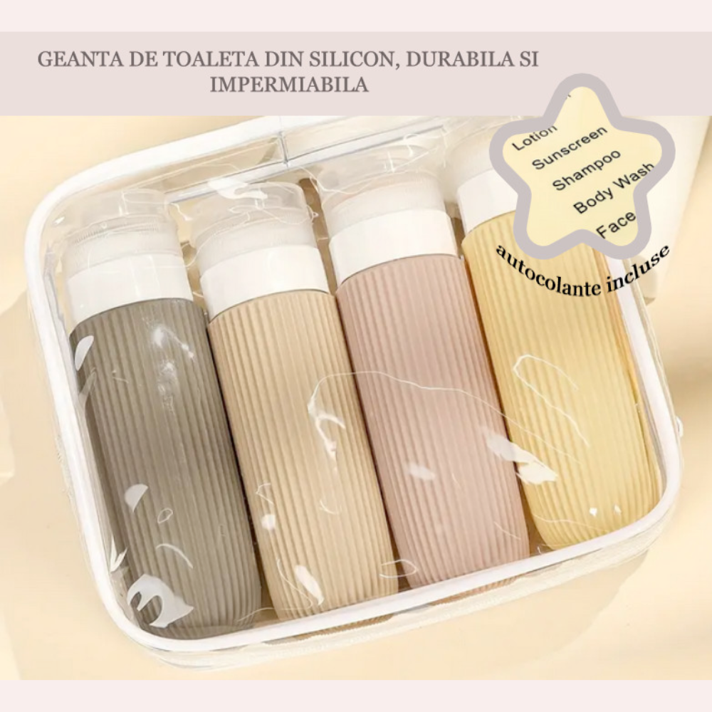 Set 4 Sticle de Calatorie Etanse pentru Articole de Toaleta Salestore.ro® 90 ml/ recipient, Geanta de Toaleta si Stickere, Reutilizabile si Usor de Curatat, Silicon/Multicolor