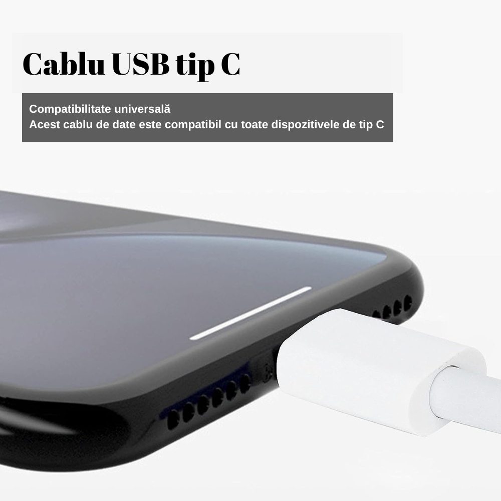 Cablu de încărcare universal rapid și transfer de date USB Tip-C, 1 Metru, Alb