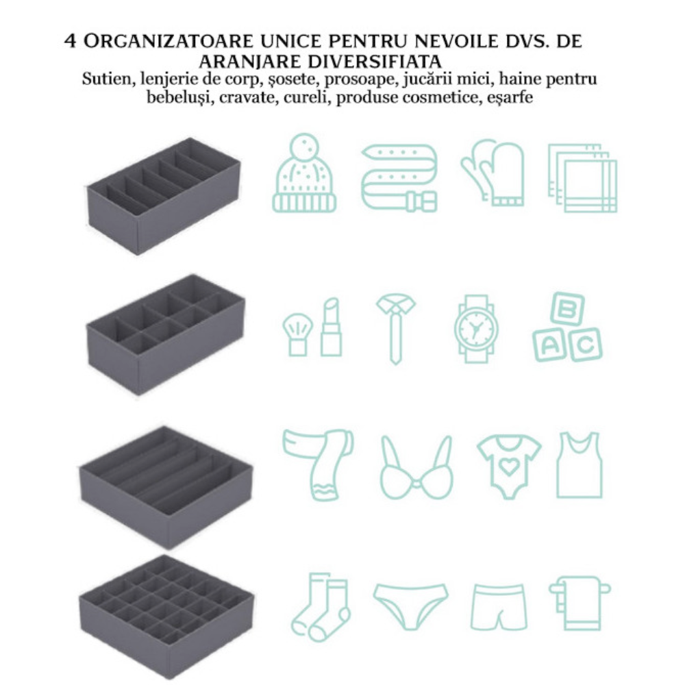 Set 4 Organizatoare lenjerie pentru sertar, Salestore.ro® cu pereti rigidizati, pliabile, Gri inchis