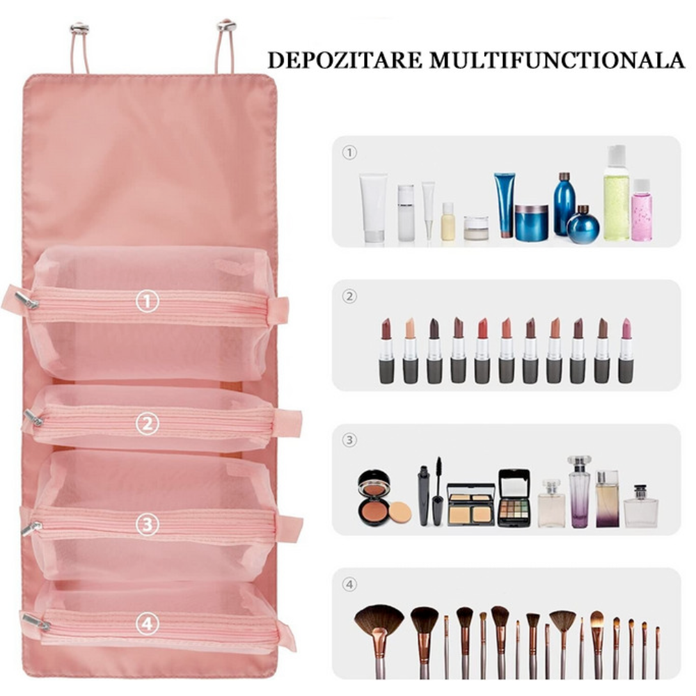 Geanta cosmetice Salestore.ro® cu 4 compartimente detasabile, tip organizator reglabil si portabil in calatorii, 22.5 x 15 cm, Poliester, Roz/Negru