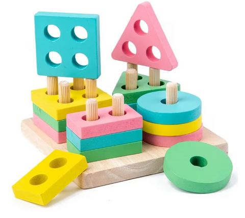 Jucarie sortator Montessori educativa Salestore.ro® din lemn natural eco, sortare culori si forme geometrice in 4 colane, 16 piese