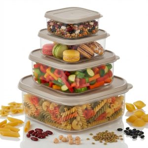 Set 4 recipient de depozitare alimente Salestore.ro®, organizare usoara, etanse, cutie cu capac, plastic fara BPA, cutii alimentare rezistente la rece, 0.2L, 0.53L, 1.1L, 2.2L Transparent/Bej