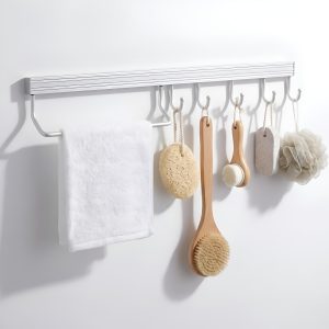 Suport pentru prosoape din otel inoxidabil Salestore.ro®, 60 cm, fara gaurire, Design cu carlige, autoadeziv, Usor de instalat si de utilizat, Rezistent la apa, Montare pe perete, Argintiu