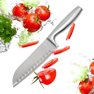 Cutit japonez de bucatarie model Santoku, Salestore.ro®, otel inoxidabil, maner soft-touch, versatil in utilizare, 20 cm, Argintiu