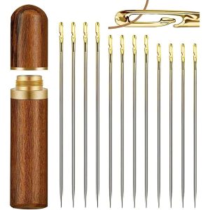 Set 30 Ace de Cusut Manual Salestore.ro® Inovatoare cu Gaura Speciala pentru infilare usoara, suport din lemn natural pentru cusut manual/brodat