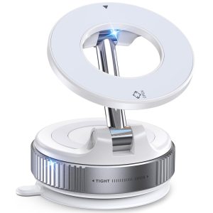 Omelivon Suport Auto Universal pentru Telefon, Alb, Prindere Magnetica MagSafe - Fixare Puternica prin Tehnologie de Vidare, Prindere pe Bord, Geam, Mobilier, Rotire 360°, Brat Pliabil din Aluminiu, Inel Magnetic Inclus, Compatibilitate Universala