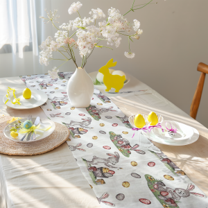 Traversa de masa 180x40 cm, din bumbac impermeabil, napron cu imprimeu 3D tematic de Paste, Salestore.ro®, rezistent la pete si murdarie