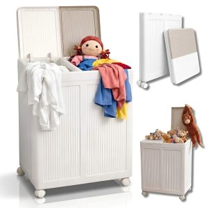 Cos rufe cu 2 compartimente Salestore.ro® 100L, Organizator pliabil, cu roti, capace separate, Capacitate extra-large, 49.5x36x61 cm, organizare haine, economisire spatiu, Alb/Bej
