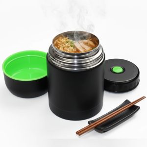 Termos pentru supa/mancare Salestore.ro®, capacitate 1000ml, perete dublu, inox, 8h mentine rece/fierbinte, supapa presiune, capac bol, 22x10 cm, Negru