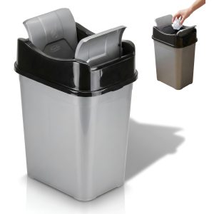 Cos de gunoi 10L, cu capac rabatabil Salestore.ro®, Cos de gunoi bucatarie, baie, birou, Compact, 34.5 x 25.5 x 20 cm, Plastic, Gri/Negru