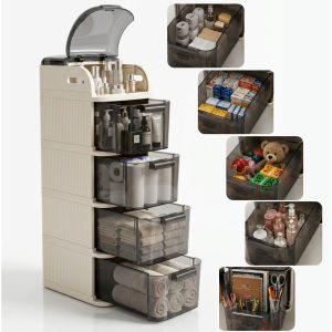 Organizator Depozitare 4 Sertare cu Capac Salestore.ro®, Plastic Rezistent, Design Slim, Dulap Organizator cu roti, Sertare Transparente Fumurii, 5 Compartimente, Pentru Baie, Bucatarie, Dormitor, Birou