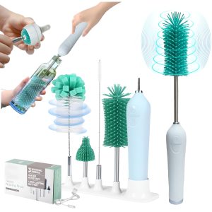 Perie electrica pentru biberoane si sticle Salestore.ro® 3 viteze, 4 capete de perie, 1 tija telescopica, incarcare prin calbu USB, Impermiabilitate IPX7, putere 7W, Alb/Verde