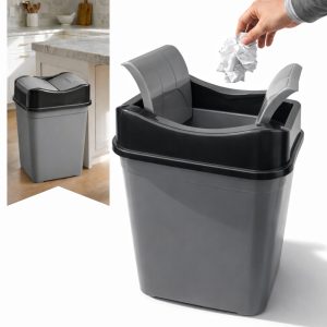 Cos de gunoi 35L, Gri/Negru, cu capac batant Salestore.ro®, Cos de gunoi pentru bucatarie, baie, birou, capac rabatabil, Design Compact, 53 x 30 x 21 cm, Plastic