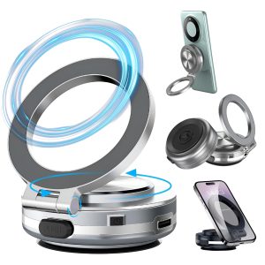 Pachet promo: Suport pentru Telefon cu Ventuza Electrica si Magnet Puternic N55, Salestore® – Rotire 360° si Pliere 270°, Fixare Stabila, 2.5 x 6.5 x 5.8 cm, Argintiu + Suport auto pentru ochelari, fixare pe parasolar 17 x 7 cm, Salestore.ro® inchidere magnetica, Piele ecologica si catifea, Negru
