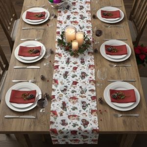 Traversa de masa din bumbac impermeabil Salestore.ro, imprimeu Craciun 3D, rezistenta la pete, 180x40cm