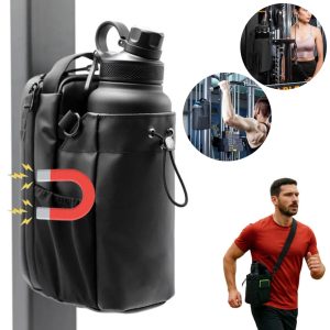 Geanta pentru sala cu prindere magnetica Salestore.ro®, Compartiment pentru sticla de apa, Impermiabila, buzunare laterale si buzunar cu fermoar, borseta de sala, geanta crossbody pentru calatorii, sport, munca, Geanta fitness unisex, 28x12x14 cm, Neagra