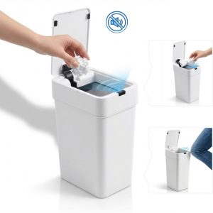 Cos de Gunoi Inteligent cu Senzor de Miscare 9L, Salestore.ro®, Capac Automat Anti-Miros, Deschidere/Inchidere Silentioasa, Rezistent la Apa IPX5, 21.8x13x31.5 cm, Design Slim, pentru Bucatarie, Baie, Dormitor sau Birou, Alb