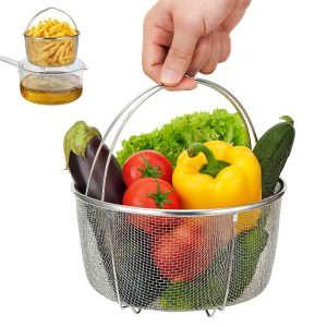 Cos de prajit din otel inoxidabil, 23 x 8cm, cu manere, picioare utile, Ideal pentru prajirea si scurgerea alimentelor, utilizare universala, Argintiu