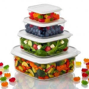 Pachet promo: Set 4 recipient de depozitare alimente Salestore.ro®, organizare usoara, etanse, cutie cu capac, plastic fara BPA, cutii alimentare rezistente la rece, 0.2L, 0.53L, 1.1L, 2.2L Alb/Transparent + Suport Lingura Salestore.ro® pentru oala, Otel inoxidabil, Rezistent la Caldura, Maner anticoroziv, Gri