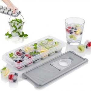 Forma gheata cu capac BPA Free, tava cuburi gheata 12 compartimente Salestore.ro®, stivuibila, silicon alimentar flexibil, capac cu deschidere suplimentara, pentru bauturi, sosuri, verdeturi, piure bebelusi, 27x9.5x3.5 cm