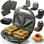 Sandwich Maker 5 in 1 Salestore.ro®, 800W, Placi Detasabile Antiaderente, Aparat multifunctional pentru mic dejun rapid cu Placi pentru Sandwich, Waffle, Carne, Gogosi si Nucusoare, Indicator Luminos, Carcasa Inox, Negru