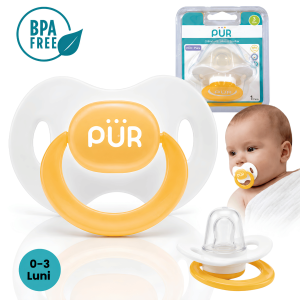 Suzeta ortodontica din silicon pentru bebelusi 0-3 luni, cu capac protector si tetina moale, sustine dezvoltarea orala, ofera confort si protectie, fara BPA, Galben – PUR®