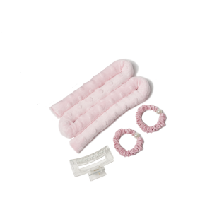 Set ondulator fara caldura Salestore.ro® pentru bucle naturale, Roz, din tesatura de calitate cu 2 elastice si clesti par