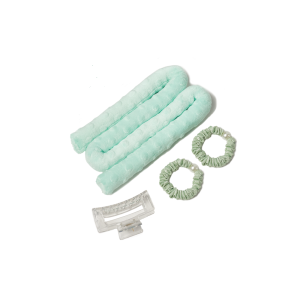 Set ondulator fara caldura pentru bucle naturale, Verde, din tesatura de calitate cu 2 elastice si clesti par