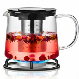 Ceainic din sticla borosilicata cu infuzor inox Salestore.ro®, 1500 ml, rezistent la temperaturi, pentru plita si cuptor microunde, compatibil masina de spalat vase, transparent