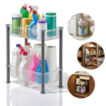 Organizator cu 2 nivele pentru bucatarie/baie Salestore.ro®, Montaj sub chiuveta, dulap, baie, Raft organizator Slim 19.5x40x45.5 cm, Organizare Bucatarie si Baie, Plastic, Transparent/Gri