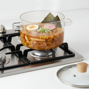 Oala din sticla borosilicata 3.5 L pentru aragaz, cu capac si manere Salestore.ro®, Rezistenta termica 130 °C, Sticla Transparenta/ Maner Capac Lemn, Cratita Durabila