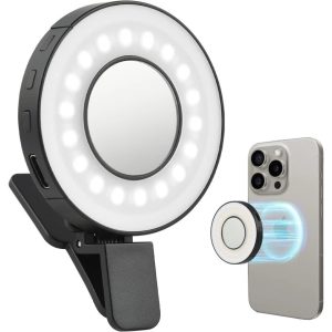 Lampa selfie light pentru poze cu oglinda integrata 8cm Salestore.ro® lampa led poza/ video 2W, 3 Moduri de Iluminare cu intensitate ajustabila, Prindere Magnetica sau Clema, potrivita pentru Telefon/Laptop