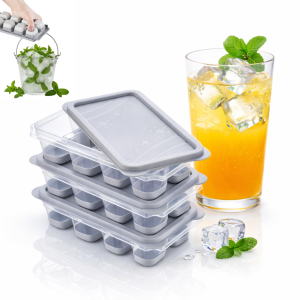 Set 3 Forme Pentru Cuburi De Gheata, Matrita din Plastic PP Salestore.ro®, Silicon alimentar, 24 cuburi, Capac Etans Anti-Scurgere, BPA Free, Rezistenta la Temperatura, 12x7x4 cm, Gri