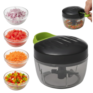 Mini tocator manual, pentru legume si fructe, Salestore®, tocator multifunctional, 3 lame inox, 500 ml, negru/verde