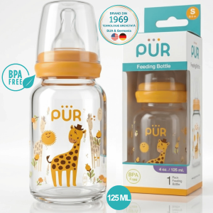 Biberon 125 ml cu desene, PUR® 0–3 luni, fara BPA, tetina moale din silicon medical, design ergonomic, usor de curatat si sterilizat, hranire naturala si confortabila, Tehnologie brevetata, Galben