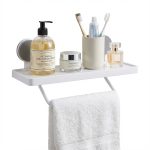 Suport pentru prosoape cu raft pentru produse de igiena, Raft multifunctional modern, Suport cu ventuza, Organizator baie, 31,5 x 11,2 cm, Rezistent la umiditate, Alb
