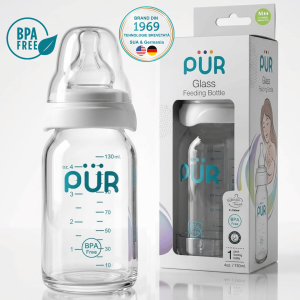 Biberon premium PUR® din sticla rezistenta la soc termic, 130 ml, 0 luni+, tetina ortodontica moale din silicon, fara BPA, ergonomic, pentru hranire naturala si confortabila, Tehnologie brevetata