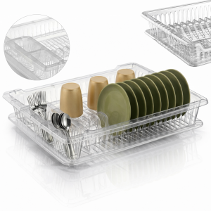 Scurgator Vase, Transparent, Salestore.ro, Compact, cu Tava de Scurgere, Suport pentru uscat vase, farfurii, tacamuri, pahare si cani, 45x36,5x8 cm