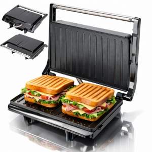 Sandwich Maker 900W cu Placi Antiaderente Salestore.ro®, Aparat pentru 2 Sandwich-uri, Deschidere 90°, Suprafata de gatire 22 x 14 cm, Incalzire Rapida, Protectie Supraincalzire