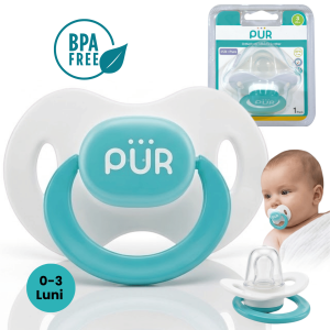 Suzeta ortodontica din silicon pentru bebelusi 0-3 luni, cu capac igienic si tetina moale, sustine dezvoltarea orala, ofera confort si protectie, fara BPA, Turcoaz – PUR®