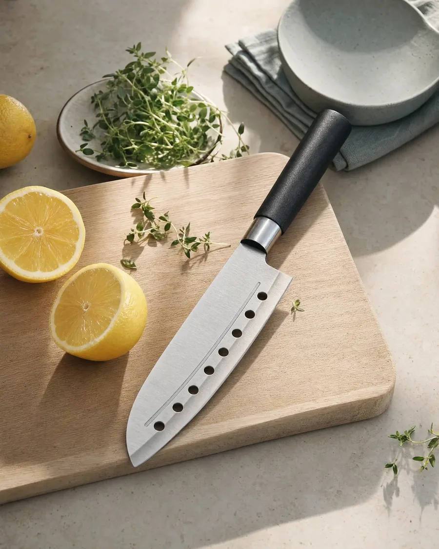 Cuțit Santoku pe un tocător de lemn