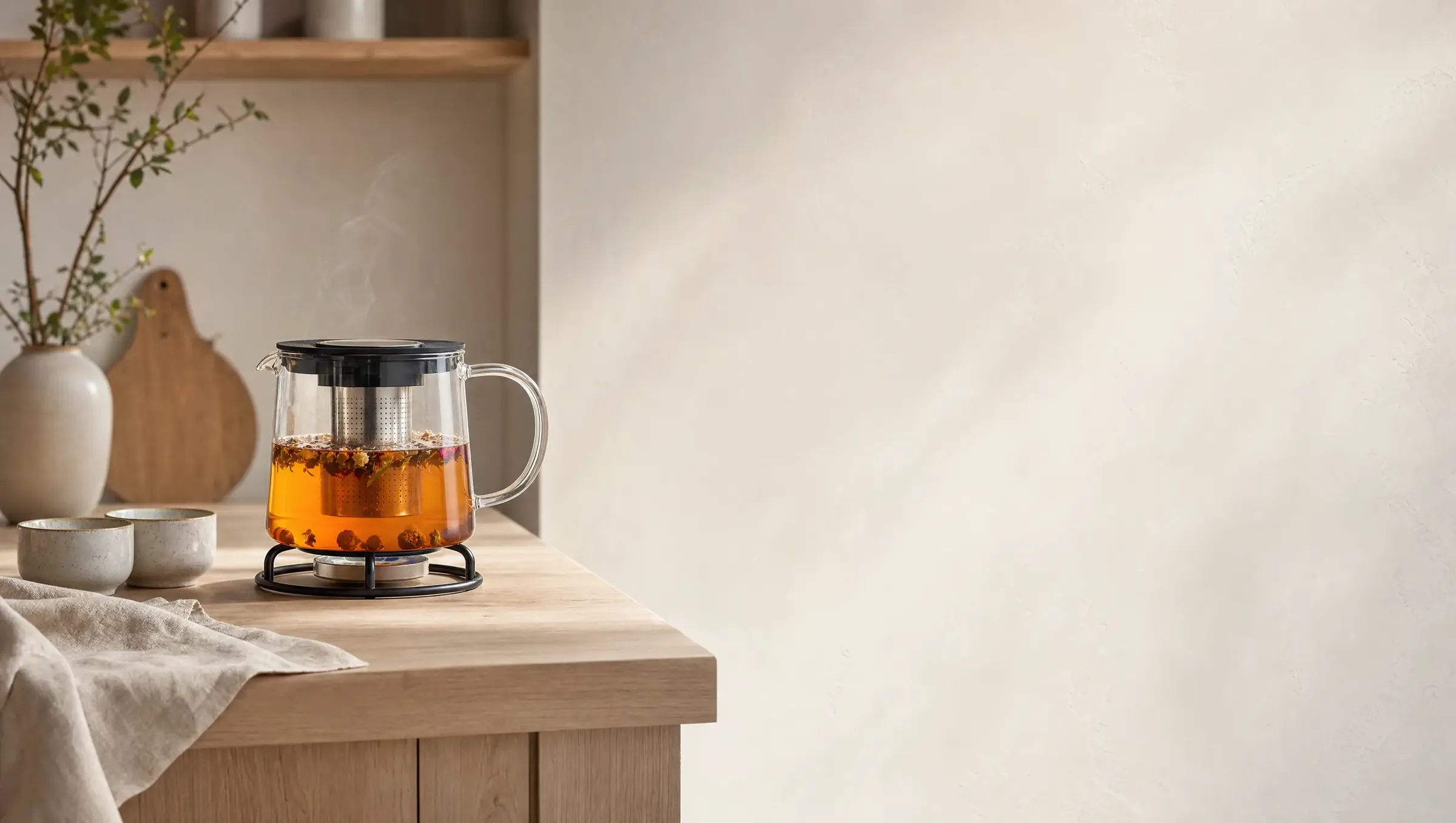 Ceainic din sticlă borosilicată cu infuzor, pe un blat de bucătărie